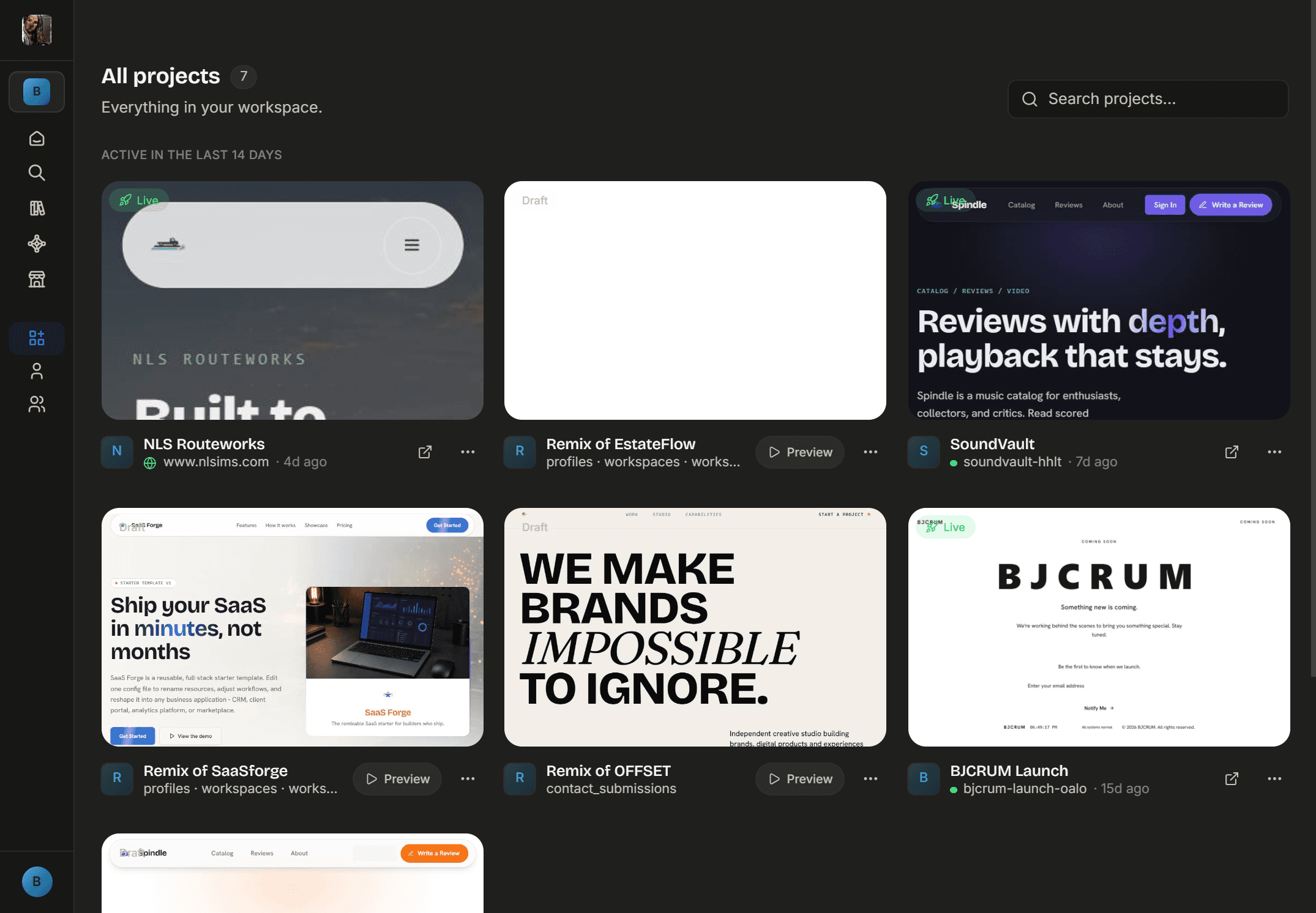 BJCRUM workspace with existing projects and search
