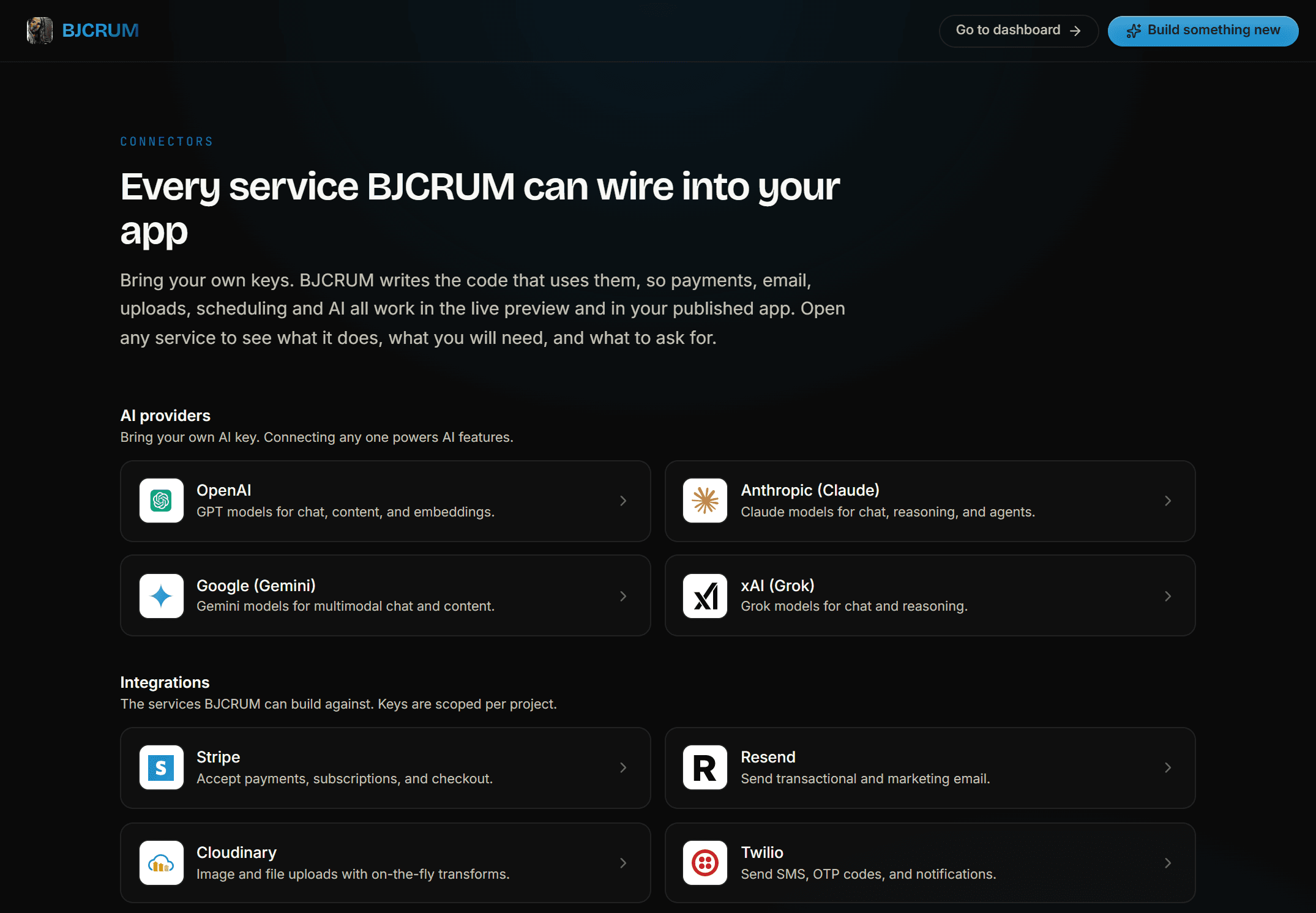 BJCRUM connectors for AI, payments, email, and other services